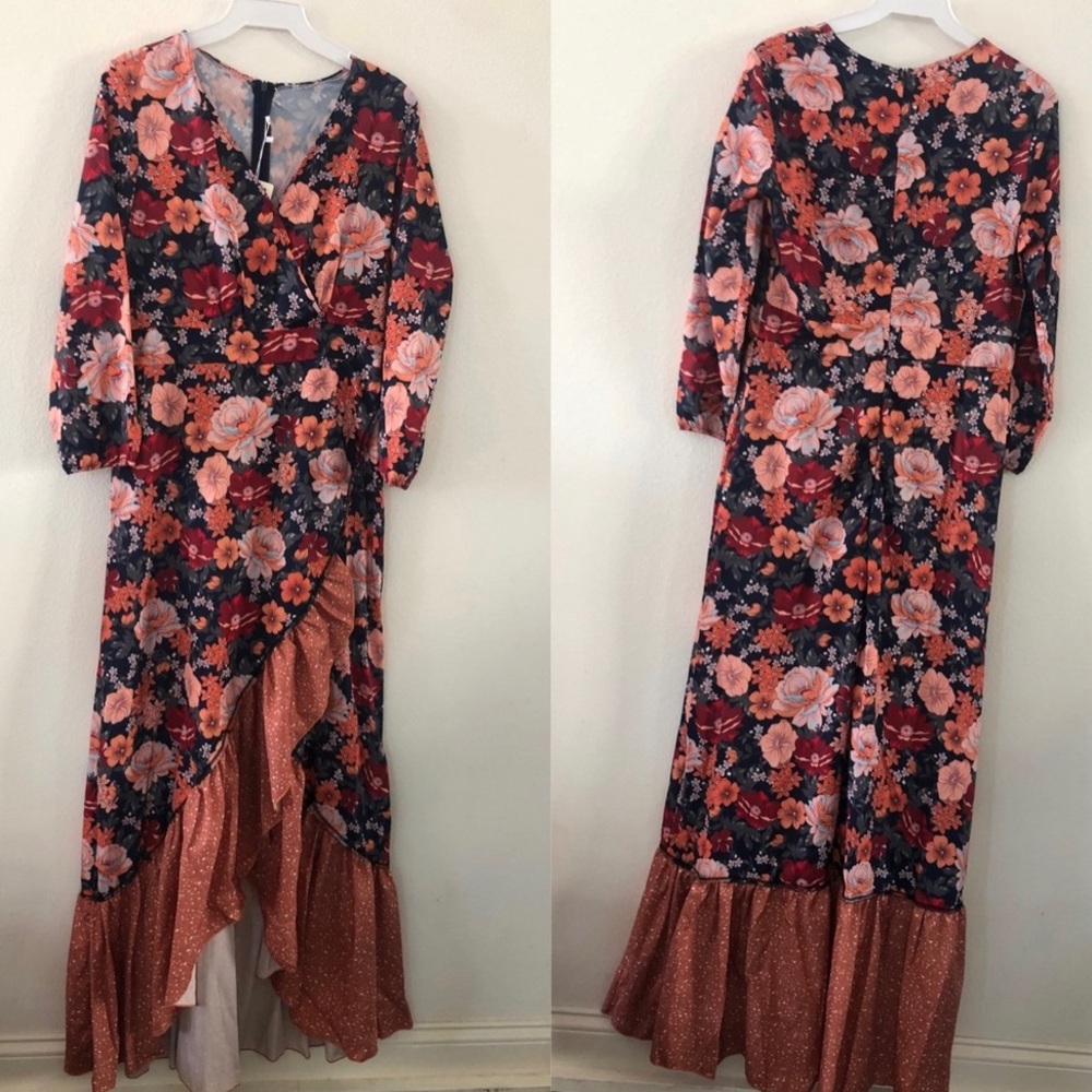 Orange Ruffle hem floral boho gypsy maxi Dress - Picture 8 of 11